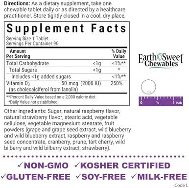 Bluebonnet Nutrition Earth Sweet Vitamin D3 2000 Iu Chewable Tablets Aids In Muscle And Skeletal Growth D3 Non Gmo Gluten Soy Milk Kosher 90 Chewable Tablets Raspberry Flavor