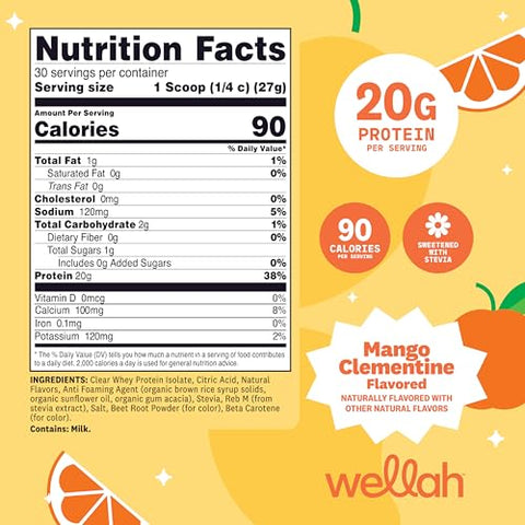 Wellah Clear Whey Protein Isolate Powder (Mango Clementine) 30 Servings - 20G Of Protein 90 Calories Sweetened With Stevia