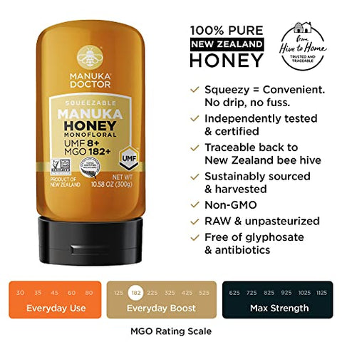 MANUKA DOCTOR -UMF8/ MGO 182+ Monofloral SQUEEZY and MGO 30+ Multifloral SQUEEZY Manuka Honey Value Bundle, 100% Pure New Zealand Honey. Certified. Guaranteed. RAW. Non-GMO