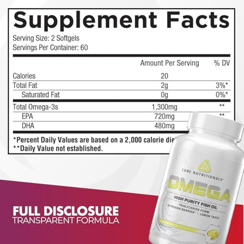 Core Nutritionals Omega High Purity Fish Oil Triglyceride Form Epa & Dha 1300Mg Omega-3S Brain & Heart Health Support Lemon Taste 120 Softgels