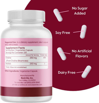 Bestvite Choline Inositol 500mg (120 Vegetarian Capsules) - No Stearates - No Fillers - No Dicalcium Phosphate - Vegan - Non GMO - Gluten