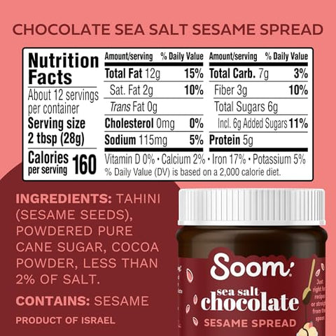 Soom Foods Chocolate Sea Salt Sesame Spread 12oz (2 Pack) Made with 4 Ingredients Low Sugar DairyFree NutFree GlutenFree Palm OilFree 5g Protein Better for You Chocolate Tahini Spread