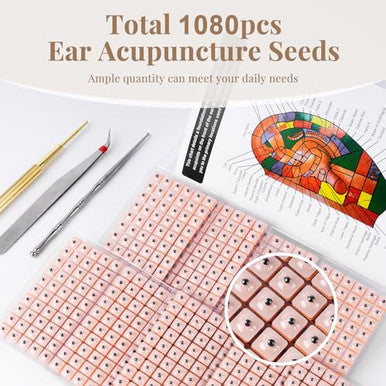 Goclimber Ear Seeds Acupuncture Kit Auricular Sticker Kit With Ears Seed Acupressure Ear Chart Acupuncture Pen Tweezers 1080Pcs