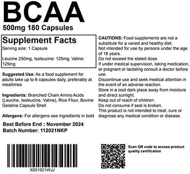 BCAA - Branch Chain Amino Acids 500mg 360 Capsules - Muscle Building and Strength gain Supplement UK Made. Pharmaceutical Grade