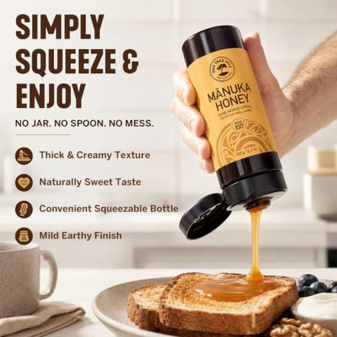 One Tree Hill New Zealand Manuka Honey, MGO 100+ Certified Raw Manuka Honey, Monofloral, 100% Pure Single-Origin, Squeeze Bottle for Toast, Yogurt, Oatmeal, Baking - 12.3 oz (350 g)