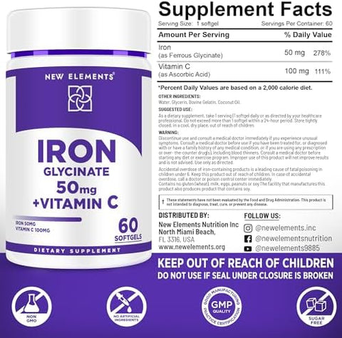 Elements Iron Glycinate 50Mg With Vitamin C Advanced Iron Supplement For Anemia Relief Immune Boost & Energy Support Gentle On Stomach Fast Absorption Non-Gmo Gluten- Softgels For Women & Men