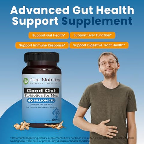Pure Nutrition Good Gut Men'S Probiotics 60 Billion Cfu 20 Strains 60 Caps Probiotics For Men With Organic Prebiotic Blend Once Daily Non Gmo Gluten Free