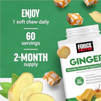 Force Factor Ginger Chews For Nausea Relief Motion Sickness And Morning Sickness Ginger Supplement With Vitamin B6 For Digestive Support Nongmo Honey Lemon Ginger Flavor 60 Soft Chews