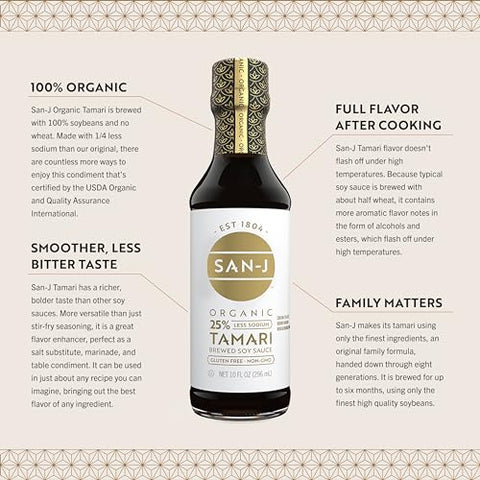 San-J - Organic Gluten Free Tamari Soy Sauce with 25% Less Sodium - Specially Brewed - Made with 100% Whole Soy - 10 oz. Bottle