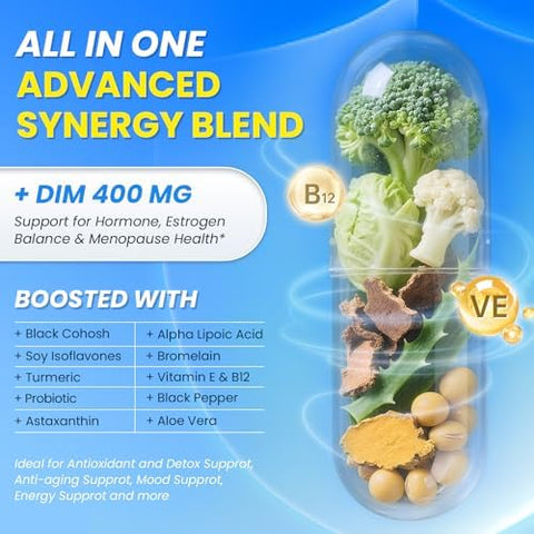 Lukaree Dim Supplement 400Mg For Women 12 In 1 Liposomal Dim Capsules With Black Cohosh Soy Isoflavones & Alpha Lipoic Acid Vegan 30 Ct.