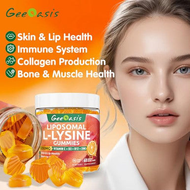 Geeoasis Liposomal L-Lysine Gummies 1200Mg Lysine Chewable Supplement With Vitamin C D3 B12 & Zinc For Adults & Kids Immune & Collagen Support Lips & Skin Health Vegan Natural Fruit Flavor 60Ct