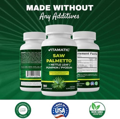Vitamatic Saw Palmetto Extract For Men & Women 180 Veg Capsules - Made With Pumpkin Seed, Pygeum, Nettle Leaf - Made In The Usa - Promotes Healthy Prostate Function