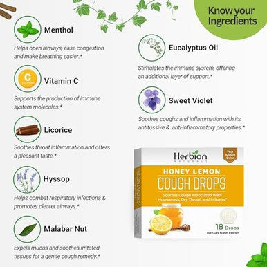 Herbion Naturals Cough Drops Honey Lemon Flavor Soothing Dietary Supplement For Adults & Children (6+) 18 Drops No Artificial Flavors Or Colors