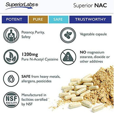 Superior Labs NAC NAcetyl Cysteine Dietary Supplement with Selenium 1200mg 150 Vegetable Capsules Free Radical Protection Normal Immune System Function Maintains Cellular Health