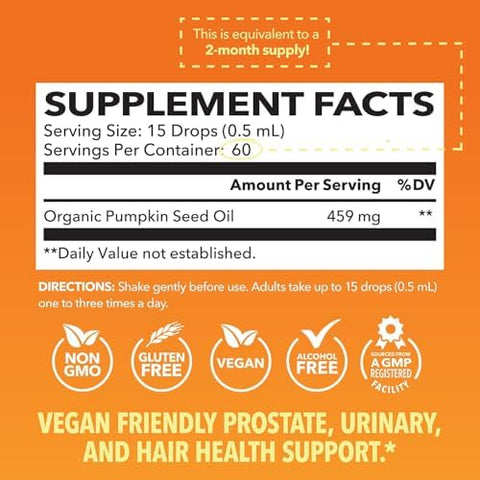 Pumpkin Seed Oil - USDA Organic - Cold Pressed for Hair, Prostate, and Hormone Support - 2 Month Supply - Liquid Drops for Men and Women - Vegan, Non-GMO, and Gluten Free - Unflavored, 1 Fl Oz