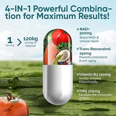 Nad Supplement 1000Mg, True Nad+ & Resveratrol, Nmn Alternative For Cellular Energy & Healthy Aging - 120 Caps