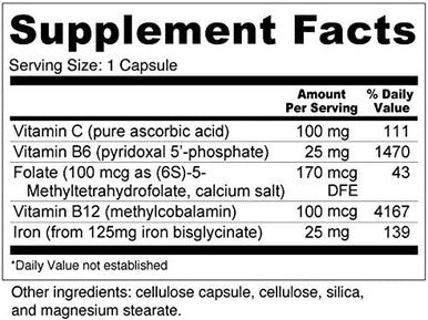 Blood Booster for Energy and Fatigue Gentle Nonconstipating Iron Methylfolate and Other coenzyme B Vitamins 180 caps Vegan Gluten NonGMO