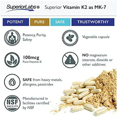 Superior Labs Vitamin K2 as MK7 Supplement Promotes Calcium Absorption Supports Bone Health and Healthy Arteries High Bioavailability 100mcg 120 Vegetable Capsules
