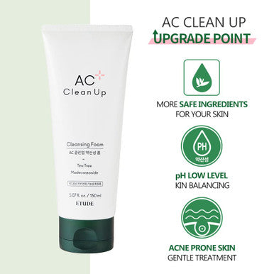 ETUDE AC Clean Up Daily Cleansing Foam 5.1 fl.oz (150 ml) | PH Balancing Amino Acid Base Gentle Foaming Cleanser with Acne Pron Skin Treatment Effect | Korean Skin Care Face Cleanser Wash | Kbeauty