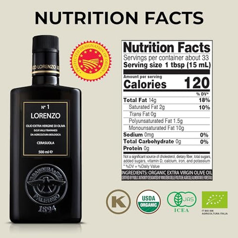 Barbera Lorenzo NÃƒâ€šÃ‚Â° 1 Organic Extra Virgin Olive Oil PDO Valli Trapanesi, 16.9 fl oz | Premium Sicilian EVOO from Organic Cerasuola Olives | Bold Fruity Flavor & Cold-Pressed Quality