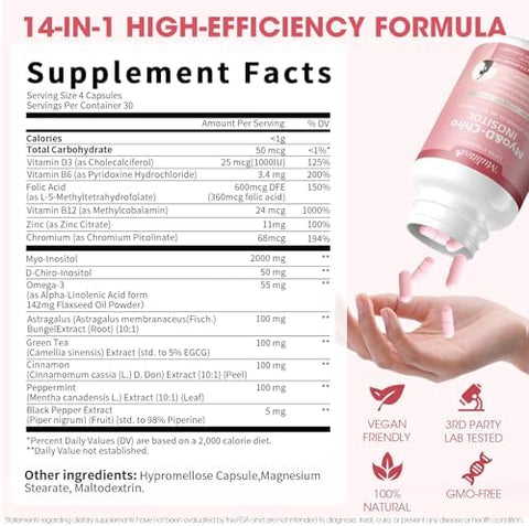 Mulittea MyoInositol and DChiro Supplement for Women 14in1 Liposomal Inositol with Folic AcidOmega3 and Multivitamin for Hormone BalanceSupport OvarianSkin and Mood 40: 1 Vegan 120 Capsules