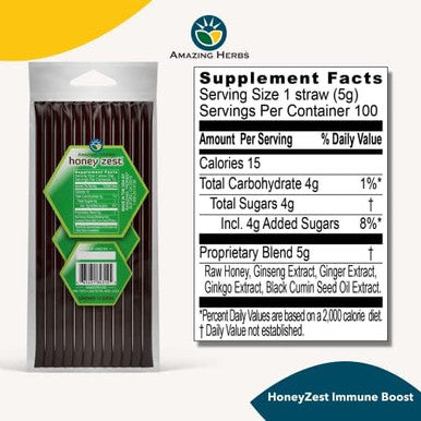 Amazing Herbs Raw Natural Honey - Herbal Honey Infused With Ecea, Elderberry, Garlic, Eucalyptus Extracts & Pure Black Seed Oil, Non Gmo, Gluten - Honeyzest Immune Boost Straws, 12 Count