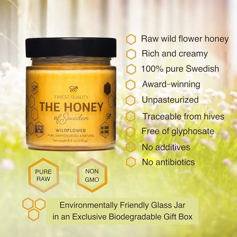 THE HONEY OF SWEDEN Pure Raw & Creamy Wildflower Unpasteurized Swedish Gourmet Honey, Award-winning Quality and Taste, Traceable from Our Hives to Your Table, Glass Jar 8.8oz (250g)