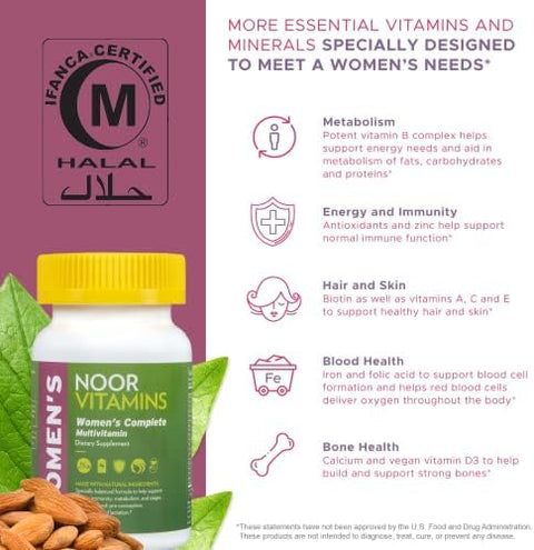 Noor Vitamins Halal Womens Multivitamin and Mineral I Once Daily Vitamin Supplement I Vegan Supports Energy Immunity Metabolism Healthy Appearance and Stages of Motherhood I 2Month Supply