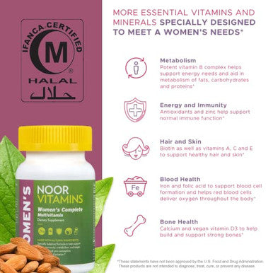 Noor Vitamins Halal Womens Multivitamin & Mineral I Once Daily Vitamin Supplement