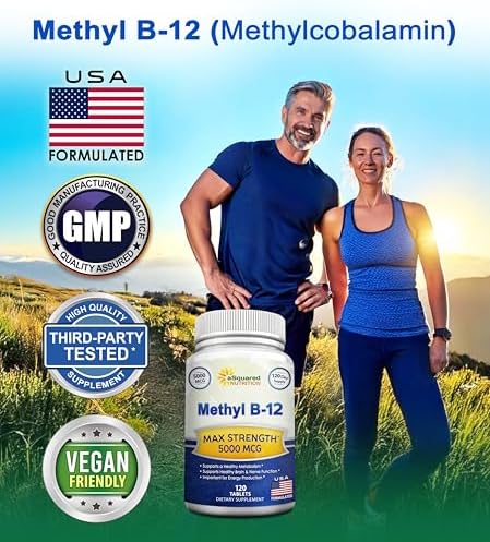 aSquared Nutrition Vitamin B125000 MCG Supplement with Methylcobalamin (Methyl B12) Max Strength Vitamin B 12 Support to Help Boost Natural Energy Benefit Brain and Heart Function 120 Tablets