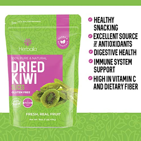 Herbaila Dried Kiwi Fruit Slices, 1 Pound. Dried Kiwis Fruit, Dehydrated Kiwi Slices, Kiwi Dried fruit. All Natural, Non-GMO, Lightly sweetened Dried Kiwifruit Slices. 16 Ounces.