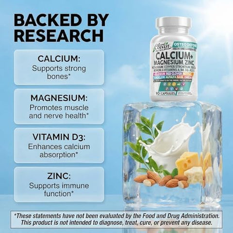 Allin1 Calcium Magnesium Zinc Supplement with Potassium Copper Strontium Silica Vitamin D3 K2 Boron Vitamin B1 B12 Red Clover Herb Alfalfa Basil Pills for Men and Women Clean Nutra Osteo Defend