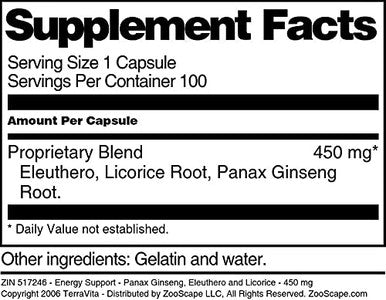 Terravita Energy Support - Panax Ginseng, Eleuthero And Licorice - 450 Mg (100 Capsules, Zin: 517246)