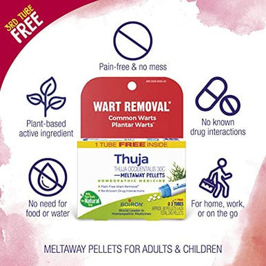 Boiron Thuja Occidentalis 30C Wart Removal Homeopathic Medicine For Painless Removal Of Warts From Plantar (Feet) Hands And Other Bodily Warts 3 Count (240 Pellets)