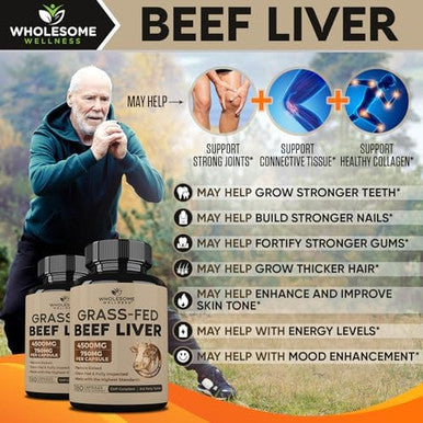Wholesome Wellness Grass Fed Desiccated Beef Liver Capsules (180 Pills, 750Mg Each) - Natural Iron, Vitamin A, B12 For Energy - Raised Undefatted In Zealand Without Hormones Or Chemicals
