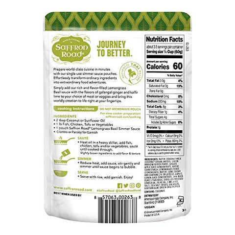 Saffron Road Simmer Sauce Lemongrass Basil & Coconut Curry - Non-GMO, Gluten-Free, Halal, Kosher, Vegan (7 Ounce (Pack of 8))