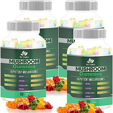 Bio Vitalica Mushroom Gummies " 10 Mushroom Complex With Lions Mane Reishi Chaga Cordyceps & More " Fruity Vegan Gummies " Nongmo Gluten Plantbased " 4 Packs