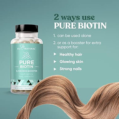 Eu Natural Biotin 5000 Mcg Hair Skin Nails Supplement High-Potency Hair Growth Vitamins For Women & Men Provide Powerful Support For Healthy Hair, Stronger Nails And Glowing Skin 120 Vegan Soft Capsules