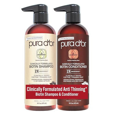 Pura D'Or Professional Grade Clinically Formulated Biotin Shampoo & Conditioner For Hair Thinning - 2X Concentrated Proprietary Herbal Blend Thickening Products For Women & Men Sulfate 16Oz X2