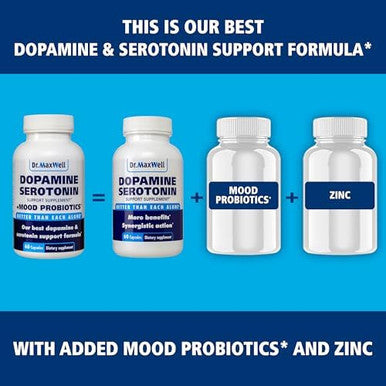 Dr. Maxwell Serotonin And Dopamine Supplements With Mood Probiotic 5In1 Support For (1) Dopamine (2) Serotonin (3) Mood (4) Relaxation (5) Focus & Brain 60 Capsules