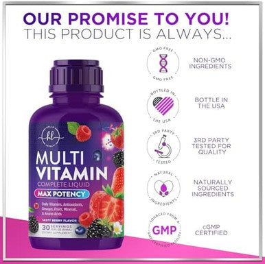 Multivitamin For Women Men & Kids Liquid Multivitamin & Multimineral, Vegan, Sugar Free, Vitamins A, C, D3, E, B6, B12 & Zinc, Womens Multivitamin & Adult Immune Support, Berry Flavor - 15 Fl Oz