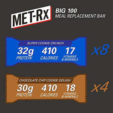 Metrx Big 100 Protein Bars Meal Bars Variety Pack Super Cookie Crunch And Chocolate Chip Cookie Dough Bars 12 Count 3.52 Oz.