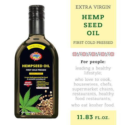 Golden Kings of Ukraine Pure Hemp Seed Cooking Oil - Extra Virgin Cold Pressed Oil - Unrefined and Non-Deodorized 11.83 OZ