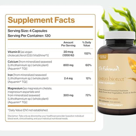 Dr. Fuhrman OsteoBiotect Organic Calcium Bone Health Supplement with Vegan Vitamin D3 and Magnesium. PlantBased Calcium 800mg for Natural Bone Support and Density 120 Capsules