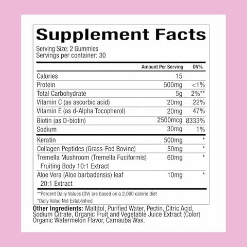 Plant People Wonderbeauty Hair Skin & Nails Rejuvenation Gummies With Tremella Mushroom Marine Collagen Peptides Keratin & Biotin â€“ Watermelon Flavor 60 Gummies