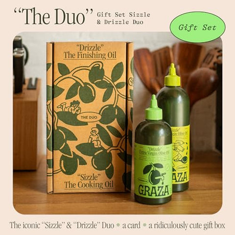 Graza Olive Oil Gift Set - The Duo Gift Set with Sizzle & Drizzle Extra Virgin Olive Oils in a Ready to Gift Box - High Polyphenol - Gift Basket Items for Holidays, Birthdays & Thank You