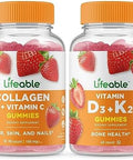 Lifeable Collagen & Vitamin C + Vitamin D3 + Vitamin K2 Gummies Bundle Great Tasting Vitamin Supplement Gluten Gmo Chewable Gummy