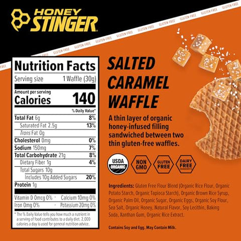 Honey Stinger Organic Gluten Free Salted Caramel Waffle | Energy Stroopwafel for Exercise, Endurance and Performance | Sports Nutrition for Home & Gym, Pre and Post Workout | Box of 6 Waffles, 6.36 Oz