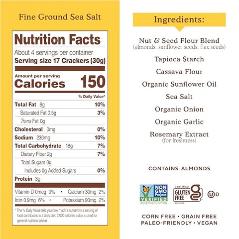 Simple Mills Almond Flour Crackers, Fine Ground Sea Salt, Gluten Free, Flax Seed, Sunflower Seeds, Corn Free, Good for Snacks, Made with whole foods, 6 Count (Packaging May Vary)