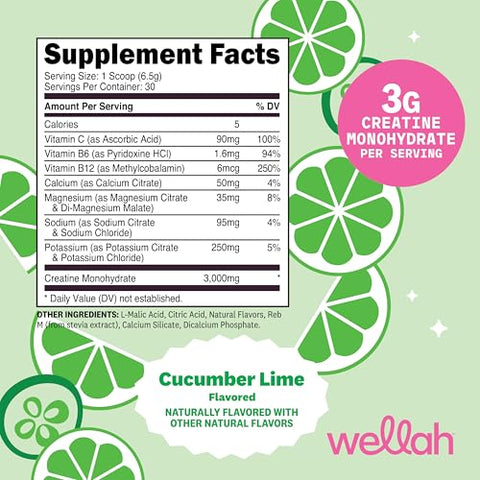 Wellah Creatine Electrolytes Powder (Cucumber Lime) 30 Servings - Hydration Drink Mix With 3G Of Creatine Monohydrate